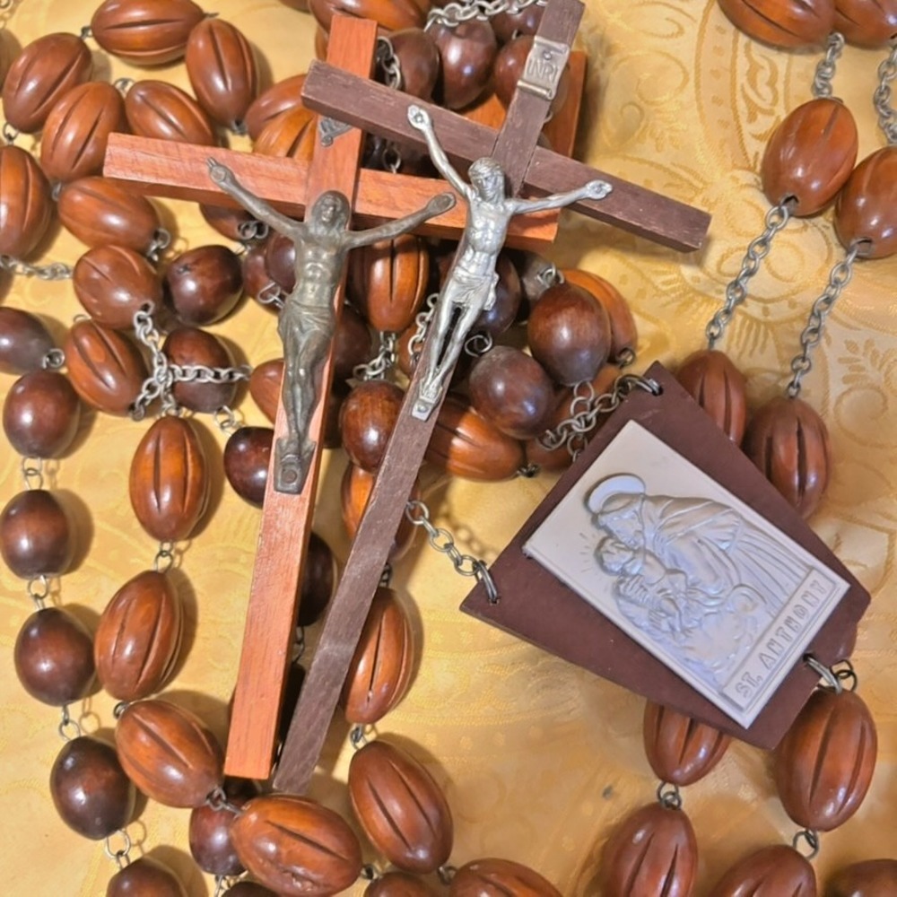 Vintage Wall Rosary Lot Hand Carved Wood St Anthony 1970s Catholic Religious 6ft